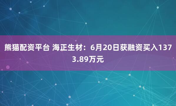 熊猫配资平台 海正生材：6月20日获融资买入1373.89万元